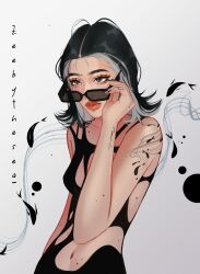  1girl abstract_background adjusting_eyewear arm_behind_back arm_tattoo artist_name asian asymmetrical_dress black-framed_eyewear black_dress black_hair circle cleavage_cutout closed_mouth clothing_cutout collarbone colored_inner_hair cowboy_shot dress eyelashes fashion finger_tattoo fish_background fish_tattoo flipped_hair forehead grey_eyes grey_hair highres liquid_dress looking_ahead mei_(zeebythesea) mole mole_on_arm mole_on_cheek mole_on_collarbone mole_on_forehead mole_on_hand mole_on_hip mole_on_stomach multicolored_hair multiple_moles navel original rectangular_eyewear short_hair side_cutout sleeveless sleeveless_dress stomach_cutout sunglasses tattoo text_tattoo thick_eyebrows thick_lips tight_clothes tight_dress torn_clothes torn_dress two-tone_background two-tone_hair white_background zeebythesea 