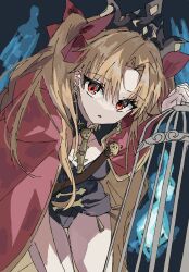  1girl :o black_leotard blonde_hair cage cape commentary_request ereshkigal_(fate) fate/grand_order fate_(series) hair_ribbon highres holding holding_cage leotard long_hair looking_at_viewer parted_bangs red_cape red_eyes red_ribbon ribbon solo syst098 two_side_up 