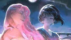  2girls alien_stage black_hair commentary earrings eliasis floating_earrings hair_ornament hairclip hashtag-only_commentary highres jewelry kuromi long_hair looking_at_another mizi_(alien_stage) multiple_girls night night_sky onegai_my_melody pearl_earrings pink_hair sanrio short_hair sky smile sua_(alien_stage) watermark x_hair_ornament 