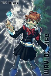  1girl armband black_jacket black_skirt bow braid brown_hair capsule_(capsulecomputrz) card clenched_hand closed_mouth collared_shirt digital_media_player english_commentary english_text floating_card gekkoukan_high_school_uniform hair_ornament hairclip headphones headphones_around_neck highres holster jacket kneehighs looking_at_viewer persona persona_3 persona_3_portable ponytail projected_inset red_armband red_bow red_eyes school_uniform shiomi_kotone shirt short_hair short_ponytail skirt smile socks solo song_name tarot tarot_card tartarus white_shirt white_socks 