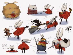  1boy 1other 2girls absurdres aged_down arrow_(symbol) arthropod_boy arthropod_girl carrying carrying_person chakram child cloak commentary dice english_commentary english_text fighting grindle_(hollow_knight) highres holding holding_weapon hollow_eyes hollow_knight hollow_knight:_silksong horned_mask hornet_(hollow_knight) hug huge_flea_(hollow_knight) lace_(hollow_knight) lumble_(hollow_knight) mask multiple_girls needle_(hollow_knight) phantom_(hollow_knight) pin_(hollow_knight) puff_of_air red_cloak revolutionary_lab670 slapping wardenfly_(hollow_knight) weapon white_mask 
