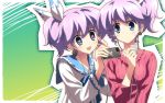  dj_max_portable earbuds earphones hair_ribbon hair_ribbons headphones heart highres ladymade_star original ponytail purple_hair ribbon ribbons seha siblings side_ponytail twins twintails wallpaper yuuki_tatsuya 