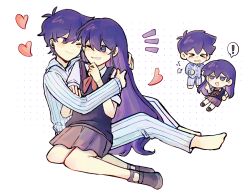  ! &gt;_&lt; 1boy 1girl antenna_hair black_sweater_vest blush bright_pupils closed_eyes closed_mouth collared_shirt double-parted_bangs gongs0313 hair_between_eyes heart hero_(headspace)_(omori) hero_(omori) highres hug long_hair long_sleeves looking_at_another mari_(headspace)_(omori) mari_(omori) neckerchief omori one_eye_closed open_mouth pajamas pleated_skirt purple_hair red_neckerchief red_skirt shirt short_hair short_sleeves simple_background skirt spoken_exclamation_mark sweater_vest violet_eyes white_pupils white_shirt 