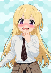  1girl 22/7 blonde_hair blue_background blush brown_necktie cardigan cardigan_around_waist clothes_around_waist collared_shirt cowboy_shot embarrassed fujima_sakura hair_rings hand_to_own_mouth long_hair long_sleeves looking_at_viewer mizusaki_johnko necktie one_side_up open_mouth shirt single_hair_ring solo standing straight-on sweat violet_eyes wavy_mouth white_shirt 