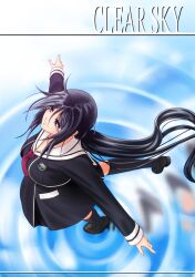  1girl ahoge black_hair black_socks chaos;child eibon from_above hair_between_eyes hekiho_academy_school_uniform kneehighs kunosato_mio loafers long_hair messy_hair miniskirt necktie no_coat outstretched_arms purple_hair red_necktie school_uniform science_adventure shiny_eyes shoes short_necktie skirt smile socks solo standing standing_on_one_leg very_long_hair violet_eyes 