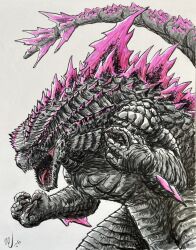  bioluminescence commentary elbow_spikes giant giant_monster glowing glowing_spikes godzilla godzilla_(monsterverse) godzilla_(series) godzilla_evolved grey_background highres kaiju monster monsterverse noah_cortez pink_eyes sharp_teeth signature simple_background solo spacegodzilla tail teeth 