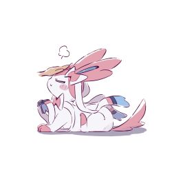  1other animal_focus bow closed_eyes closed_mouth foznya full_body headpat highres pink_fur pokemon pokemon_(creature) pokemon_focus ribbon simple_background smile sylveon tail two-tone_fur white_background white_fur 