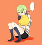  cc cheese-kun code_geass green_hair hug long_hair mono_(pixiv) pizza_hut school_uniform simple_background sitting socks yellow_eyes 