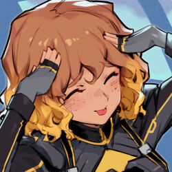  1girl ah_eto..._bleh_(meme) blonde_hair blue_background brown_hair closed_eyes commentary eagle_1_(helldivers) english_commentary freckles gradient_hair hands_on_own_head helldivers_(series) meme multicolored_hair phantom_ix_row solo tongue tongue_out 