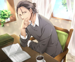  1boy artist_name book book_stack brown_eyes closed_mouth coffee coffee_mug collared_sweater commentary_request cup curtains grey_hair grey_sweater highres looking_at_viewer male_focus mature_male mug open_book original plant potted_plant smile solo steam sweater teemi window 