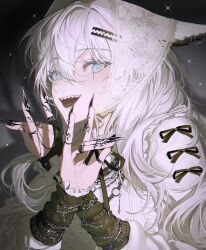  1girl :d absurdres animal_ear_piercing animal_ears arknights black_nails black_sleeve_cuffs blue_eyes bow chain chain_necklace cross double_fox_shadow_puppet dress dress_bow fake_nails fingerless_gloves fox_shadow_puppet frilled_cuffs frilled_dress frills gae_tteok00 gloves grey_background hair_between_eyes hair_ornament hairclip headdress highres jewelry lace lappland_(arknights) latin_cross long_hair looking_at_viewer multiple_rings necklace open_mouth revision ring scar scar_across_eye scar_on_face sharp_teeth single_glove smile solo teeth upper_body white_dress white_hair wolf_ears wolf_girl 