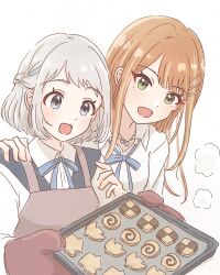  2girls apron baking baking_sheet blue_eyes blue_ribbon blush braid brown_apron collarbone collared_shirt commentary_request cookie food gakuen_idolmaster green_eyes grey_hair hair_ornament hair_ribbon hairclip half_up_braid hands_on_another&#039;s_shoulders hatsuboshi_gakuen_school_uniform heart heart_necklace highres holding holding_tray idolmaster jewelry katsuragi_lilja komoro7857 long_hair looking_at_object looking_down loose_neck_ribbon medium_hair mole mole_under_eye multiple_girls neck_ribbon necklace open_collar open_mouth orange_hair oven_mitts parallel_hairclips parted_bangs puff_of_air ribbon ribbon_braid school_uniform shirt shiun_sumika simple_background smile swept_bangs tray upper_body white_background white_shirt 