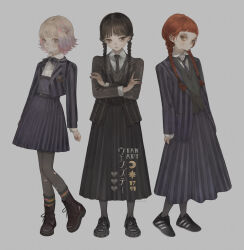  3girls addams_family agnes_demille black_boots black_hair black_jacket black_necktie black_shoes black_skirt boots braid closed_mouth crossed_arms enid_sinclair full_body grey_background grey_jacket grey_skirt heel_up highres jacket long_hair long_skirt long_sleeves looking_at_viewer miniskirt multiple_girls necktie nekosuke_(oxo) open_clothes open_jacket red_hair shoes short_hair simple_background skirt skirt_set sneakers standing striped_clothes striped_jacket striped_skirt twin_braids wednesday_(netflix) wednesday_addams 