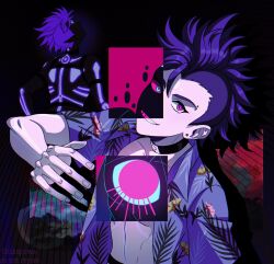  black_choker choker dragon_boy_(to_be_hero_x) ear_piercing eye_symbol eyebrow_piercing eyeliner face_piercing face_print full-body_tattoo glowing glowing_tattoo hawaiian_shirt highres kairusha makeup mohawk piercing pink_eyes pointy_ears purple_hair revealing_layer shirt tattoo to_be_hero to_be_hero_x zero_(to_be_hero_x) 
