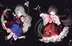  2girls :d absurdres ahoge arrow_(projectile) bamboo_print black_background black_hair blue_dress blue_eyes blue_hat bow bow_(weapon) bowtie braid braided_ponytail branch brown_shoes chibi chibi_only collar commentary_request constellation constellation_print cross dress fang floral_print floral_print_skirt frilled_sleeves frills grey_hair gu_yue_yuan hair_bow hat highres houraisan_kaguya jeweled_branch_of_hourai leaf_print long_hair long_skirt long_sleeves multiple_girls open_mouth petticoat print_skirt red_bow red_cross red_dress red_eyes red_skirt shoes short_sleeves skin_fang skirt smile socks touhou two-tone_dress very_long_hair weapon white_bow white_bowtie white_collar white_socks yagokoro_eirin 