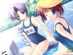  highres mikeou multiple_girls name_tag one-piece_swimsuit pool popsicle purple_eyes purple_hair school_swimsuit sitting starting_block swimsuit violet_eyes water 