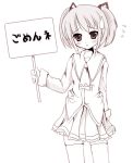 1girl blush monochrome original pink school_uniform short_hair sign simple_background skirt solo sweatdrop thighhighs tomusooya translated twintails white_background 