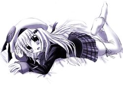  hat large_buttons little_busters! little_busters!! long_hair lying monochrome noumi_kudryavka otoki_raku plaid plaid_skirt purple school_uniform skirt tartan thigh-highs thighhighs 