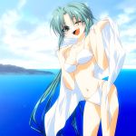  blue_eyes green_eyes green_hair higurashi_no_naku_koro_ni landscape ocean sea sky sonozaki_mion swimsuit wink 