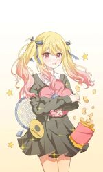  1girl :d bag_of_chips black_skirt black_sweater blonde_hair blue_bow blush bow cd collared_shirt commentary cowboy_shot crossed_arms double-parted_bangs english_commentary eraser food gradient_background gradient_hair hair_between_eyes hair_bow highres holding holding_stuffed_toy hugging_object light_particles long_hair long_sleeves looking_at_viewer lulutmi miniskirt multicolored_hair open_mouth pink_eyes pink_hair pleated_skirt project_sekai puffy_long_sleeves puffy_sleeves racket shirt simple_background skirt smile solo sparkle standing star_(symbol) stuffed_toy sweater tenma_saki tennis_racket tongue twintails two-tone_background two-tone_hair white_background white_shirt yellow_background 