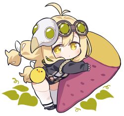  1girl antenna_hair black_boots black_jacket black_shorts blonde_hair boots commentary_request fold-over_boots food goggles goggles_on_head highres jacket kurihara_sakura long_hair low-tied_long_hair mask mask_on_head micro_shorts open_clothes open_jacket over-kneehighs oversized_food oversized_object plague_doctor_mask ridge_(stella_sora) shorts simple_background solo stella_sora sweet_potato thigh-highs white_background white_thighhighs yellow_eyes 