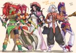  axe azusa belt black_hair bow_(weapon) elbow_gloves fingerless_gloves gloves hat hilda_rhambling isabella_(tales) long_hair mary_argent multiple_girls nanaly_fletch raine_sage red_hair redhead silver_hair staff sword tales_of_(series) tales_of_destiny tales_of_destiny_2 tales_of_legendia tales_of_rebirth tales_of_symphonia weapon white_background 