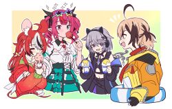  4girls ahoge animal_ears black_hair blue_eyes brown_hair candy_apple eating eyewear_on_head food gigi_murin grey_hair hakos_baelz heterochromia highres holding holding_food holding_ice_cream hololive hololive_english horns ice_cream ice_cream_cone innertube irys_(hololive) koseki_bijou long_hair mouse_ears mouse_girl multicolored_hair multiple_girls pink_eyes pointy_ears ramphastostella red_hair short_hair smile streaked_hair swim_ring twintails two-tone_hair violet_eyes virtual_youtuber white_hair 