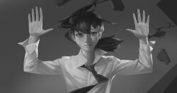  2boys 2girls absolute_cinema_(meme) battle beam_(chainsaw_man) bomb_devil_(chainsaw_man) chainsaw_man closed_mouth collared_shirt denji_(chainsaw_man) greyscale hair_ornament hairclip hands_up higashiyama_kobeni highres looking_at_viewer meme mole mole_under_eye monochrome multiple_boys multiple_girls necktie shirt silhouette solo_focus sweat x37tc 