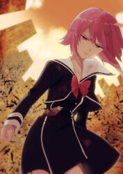  1girl black_dress blurry blurry_background bow breasts chaos;child closed_mouth cowboy_shot dress duct_tape duct_tape_bandage hair_between_eyes hekiho_academy_school_uniform injury long_sleeves looking_at_viewer medium_breasts onoe_serika pink_hair rimorimo sailor_collar school_uniform science_adventure short_hair solo standing thighs torn_clothes 