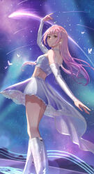  1girl absurdres arm_up aurora bare_shoulders bloom_up_(shining_nikki) boots brown_eyes bug butterfly chain choker closed_mouth commentary_request detached_sleeves earrings feet_out_of_frame floating_hair frilled_skirt frills glint hair_between_eyes happy highres idol infinity_nikki jewelry knee_boots kohanai_setsuna long_hair long_sleeves looking_at_viewer looking_back meteor_shower midriff miniskirt mountainous_horizon night night_sky nikki_(series) outdoors pink_hair pleated_skirt shooting_star skirt skirt_set sky smile solo stage star_(sky) starry_sky strapless train_(clothing) tube_top white_boots white_choker white_skirt white_sleeves white_tube_top 