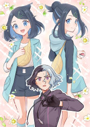  1boy 1girl :d amethio_(pokemon) black_gloves black_hair black_ribbon black_shirt black_shorts blue_eyes blue_hair blue_jacket closed_mouth collarbone collared_shirt colored_inner_hair dress_shirt flower gloves grey_hair hair_between_eyes hair_ornament hairclip hetero highres holding holding_poke_ball hood hood_down jacket liko_(pokemon) long_sleeves looking_at_viewer looking_back miniskirt multicolored_hair neck_ribbon oka_3776 open_mouth outline pink_background pleated_skirt poke_ball pokemon pokemon_(anime) pokemon_horizons ponytail purple_shirt ribbon shirt short_ponytail shorts sidelocks skirt sleeveless sleeveless_jacket smile sweatdrop v-shaped_eyebrows white_flower white_outline white_shirt white_skirt 
