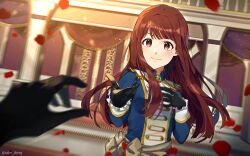  1girl 1other ascot black_gloves blue_jacket blunt_ends brown_hair closed_mouth etoile_brilliant_(idolmaster) falling_petals floating_hair gloves hands_up highres idolmaster idolmaster_million_live! idolmaster_million_live!_theater_days indoors jacket long_hair long_sleeves official_alternate_costume out_of_frame petals red_eyes red_petals rose_petals sake_dong smile solo_focus tanaka_kotoha theatrical_performance twitter_username upper_body white_ascot 