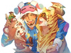  1girl 3boys :d animal_hat animal_hood bandaged_arm bandages bandaid bandaid_on_face bandaid_on_hand bear_hat bird blindfold book brown_gloves brown_hair closed_eyes dark-skinned_male dark_skin eli_clark eli_clark_(longing_tiger) facepaint facial_hair fang fangs gloves grin hat height_difference highres hood hood_up identity_v kurobara kurt_frank kurt_frank_(mr._turtle) mini_person multiple_boys official_alternate_costume owl pajamas rabbit_hat smile striped_blush tracy_reznik tracy_reznik_(bear_girl) william_ellis william_ellis_(lazy_mr._bunny) yellow_eyes 