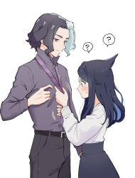  1boy 1girl ? amethio_(pokemon) belt black_belt black_hair black_pants black_skirt blue_eyes blue_hair blush closed_mouth collared_shirt colored_inner_hair couple cowboy_shot dress_shirt grey_hair grey_shirt height_difference hetero highres liko_(pokemon) long_hair long_sleeves looking_at_another looking_down multicolored_hair oka_3776 pants pokemon pokemon_(anime) pokemon_horizons profile shirt simple_background skirt speech_bubble spoken_question_mark standing sweatdrop sweater tying_necktie violet_eyes white_background white_sweater 
