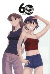  azuma_kiyohiko azumanga_daioh azumanga_daiou bare_shoulders brown_eyes brown_hair casual glasses grin highres long_hair midriff mizuhara_koyomi multiple_girls official_art scan scan_artifacts short_hair shorts smile takino_tomo tank_top wink 