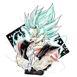  1boy 1rasutotoukou absurdres aura blue_eyes blue_hair dragon_ball dragon_ball_super earrings highres jewelry male_focus medium_hair orange_shirt partially_colored potara_earrings shirt simple_background smirk solo spiky_hair super_saiyan super_saiyan_blue upper_body vegetto white_background 