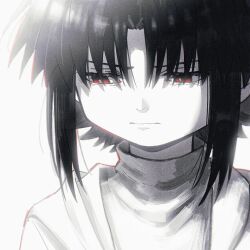  1boy alternate_universe bloom bright_pupils child chinese_commentary closed_mouth commentary_request facing_viewer film_grain frisk_(undertale) frown furrowed_brow greyscale hair_between_eyes half-closed_eyes hanbaobaobaozhu highres jacket looking_down looking_to_the_side male_focus monochrome open_clothes open_jacket portrait red_eyes short_hair sidelocks simple_background solo spot_color sweater turtleneck turtleneck_sweater undertale utdr_(toby_fox) white_background xtale 