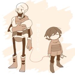  1boy 1other 2019 2d ambiguous_gender ankle_boots armor blue_shorts boots brown_boots brown_hair cape cellphone child digital_media double_horizontal_stripe duo frisk_(undertale) full_body gloves height_difference holding holding_cellphone holding_phone horizontal-striped_clothes human humanoid male mclw_suisei monochrome monster monster_boy open_mouth papyrus_(undertale) phone sepia shirt short_hair shorts simple_background skeleton standing string string_of_fate striped_clothes striped_shirt teeth text translation_request two-tone_background two-tone_shirt undead undertale utdr_(toby_fox) white_background 