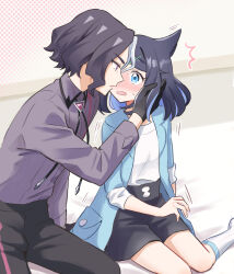  1boy 1girl amethio_(pokemon) back_ribbon black_gloves black_hair black_pants black_shorts blue_eyes blue_hair blue_jacket blush colored_inner_hair couple dress_shirt eye_contact full-face_blush gloves height_difference hetero highres imminent_kiss jacket kneehighs liko_(pokemon) long_sleeves looking_at_another multicolored_hair neck_ribbon oka_3776 open_clothes open_jacket open_mouth pants pokemon pokemon_(anime) pokemon_horizons purple_shirt ribbon shirt short_shorts shorts socks sweatdrop two-tone_hair violet_eyes wavy_mouth white_hair white_shirt white_socks 