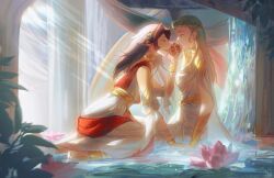  2girls adora_(she-ra) alternate_costume alternate_universe animal_ears black_hair blonde_hair cat_ears cat_girl catra eye_contact flower food fountain fruit greco-roman_clothes highres laurel_crown looking_at_another lotus masters_of_the_universe multiple_girls partially_submerged pomegranate sash shared_food she-ra_and_the_princesses_of_power smile sunlight water youliqy yuri 