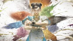  2girls 6+boys akuma_(street_fighter) beard black_hair blanka bracelet cammy_white chinese_clothes chun-li crossed_arms double_bun facial_hair hair_bun hair_ribbon headband highres hood jamie_siu jewelry jp_(street_fighter) looking_at_viewer m._bison multiple_boys multiple_girls official_alternate_costume official_art paint promotional_art rashid_(street_fighter) ribbon ryu_(street_fighter) serious street_fighter street_fighter_6 zangief 