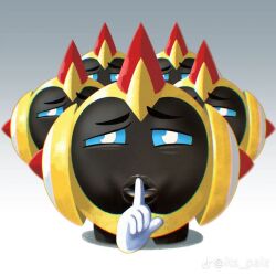  6coolguys black_skin blue_eyes colored_skin disembodied_hand emoji falinks gradient_background half-closed_eyes helmet horns index_finger_raised meme no_humans pokemon pokemon_(creature) pokemon_focus raised_eyebrows single_horn sphere_body yellow_helmet yellow_skin 