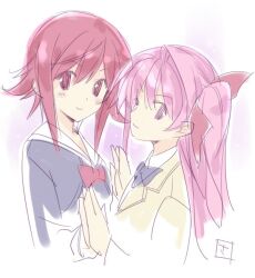  2girls blush bow chaos;child chaos;head closed_mouth hair_ribbon hekiho_academy_school_uniform holding_hands long_hair long_sleeves looking_at_viewer multiple_girls official_art onoe_serika pink_eyes pink_hair ribbon sakihata_rimi sasaki_mutsumi school_uniform science_adventure short_hair sketch smile suimei_academy_school_uniform upper_body 