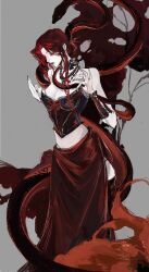  1girl breasts corset elden_ring elden_ring:_shadow_of_the_erdtree g6pbe3jgajacf8x genderswap genderswap_(mtf) highres jewelry long_hair makeup messmer_the_impaler neck_ring pale_skin red_hair red_snake single_bracer snake solo standing thigh-highs 