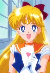  1girl adult_swim ai_generated aino_minako bishoujo_senshi_sailor_moon bishoujo_senshi_sailor_moon_r bishoujo_senshi_sailor_moon_r:_the_movie bishoujo_senshi_sailor_moon_s bishoujo_senshi_sailor_moon_s:_the_movie bishoujo_senshi_sailor_moon_supers bishoujo_senshi_sailor_moon_supers:_the_movie blonde_hair blue_eyes crying envelope happy_crying happy_tears sailor_venus sepia_tone_(artist) tears toei_animation toonami 
