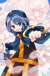  1boy 1girl artist_name blue_dress blue_eyes blue_hair blue_hood blue_sky buddhist_nun clouds commentary_request cowboy_shot day dress fingernails frills hair_between_eyes hands_up highres holding_hoop hood hood_up hoop jewelry katsuragi_atori kesa kumoi_ichirin long_sleeves looking_afar looking_at_viewer open_mouth outdoors pendant short_hair sky smile standing teeth touhou two-tone_dress unzan white_dress wide_sleeves 
