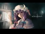  1girl book goldregen hat library long_hair patchouli_knowledge purple_hair ribbon ribbons solo touhou voile 