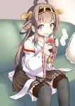  1girl ahoge brown_hair detached_sleeves fang hairband highres japanese_clothes kantai_collection kongou_(kantai_collection) long_hair looking_at_viewer nontraditional_miko open_mouth personification sitting solo sukage tea thigh-highs violet_eyes wide_sleeves 