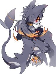  1boy black_fur black_hair blush body_fur cetacean_tail claws colored_tips commentary_request ear_piercing fin_piercing fins fish_tail full_body furry furry_male highres kashiwa_gnu long_hair looking_at_viewer looking_back low_ponytail male_focus multicolored_hair orange_eyes orange_hair original piercing ponytail simple_background solo tail white_background 