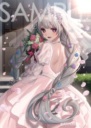  1girl :d ahoge back backless_dress backless_outfit beads blue_flower bouquet braid bridal_veil bride building center-flap_bangs copyright_notice cowboy_shot dolustoy door dress eyeshadow falling_petals fern flower flower_braid flower_trim frilled_dress frills from_behind gown green_flower grey_hair hair_beads hair_flower hair_ornament hair_ribbon hedge holding holding_bouquet jewelry juliet_sleeves lace-trimmed_dress lace_trim layered_dress light_blush long_hair long_sleeves looking_at_viewer looking_back makeup necklace nijisanji nijisanji_en official_art outdoors pearl_necklace petals pink_dress pink_flower pink_rose puffy_sleeves purple_eyeshadow purple_flower red_flower red_ribbon red_rose reimu_endou ribbon rose sample_watermark see-through_clothes see-through_veil smile solo stairs standing sunlight tareme twin_braids veil very_long_hair violet_eyes virtual_youtuber watermark wedding_dress white_ribbon white_veil 